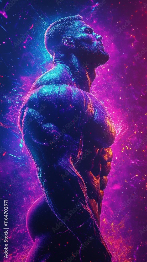 Muscular man with vibrant celestial overlay. Muscular man with vibrant celestial overlay.
