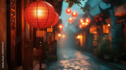 Wallpaper Mural A row of red Chinese lanterns hanging along a quiet, traditional street during the night. Soft glowing light illuminates the cobblestone path, with mist rising gently in the cool air.A row of red Chin Torontodigital.ca