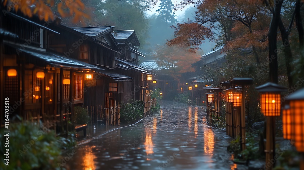 Naklejka premium Rain drenched lane with glowing lanterns illuminates traditional Japanese houses