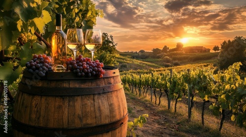 Wine Glasses And Bottle With Grapes And Barrel In Vineyard At Sunset