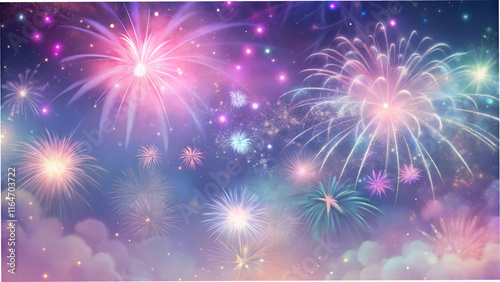Dreamy pastel fireworks lighting up the night sky, shimmering sparkles creating a magical and enchanting atmosphere, perfect for festive and whimsical celebrations.