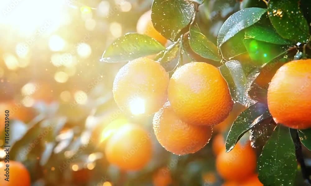Fresh ripe oranges hanging on tree branches under warm sunlight, showcasing vibrant citrus fruits and lush green leaves. Perfect for agriculture, health themes, nature projects, and food advertising.