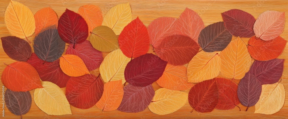 Fototapeta premium Autumn leaves arranged on wood.