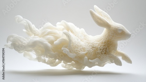 Abstract white rabbit sculpture leaping, appearing to be made of flowing fabric or smoke.