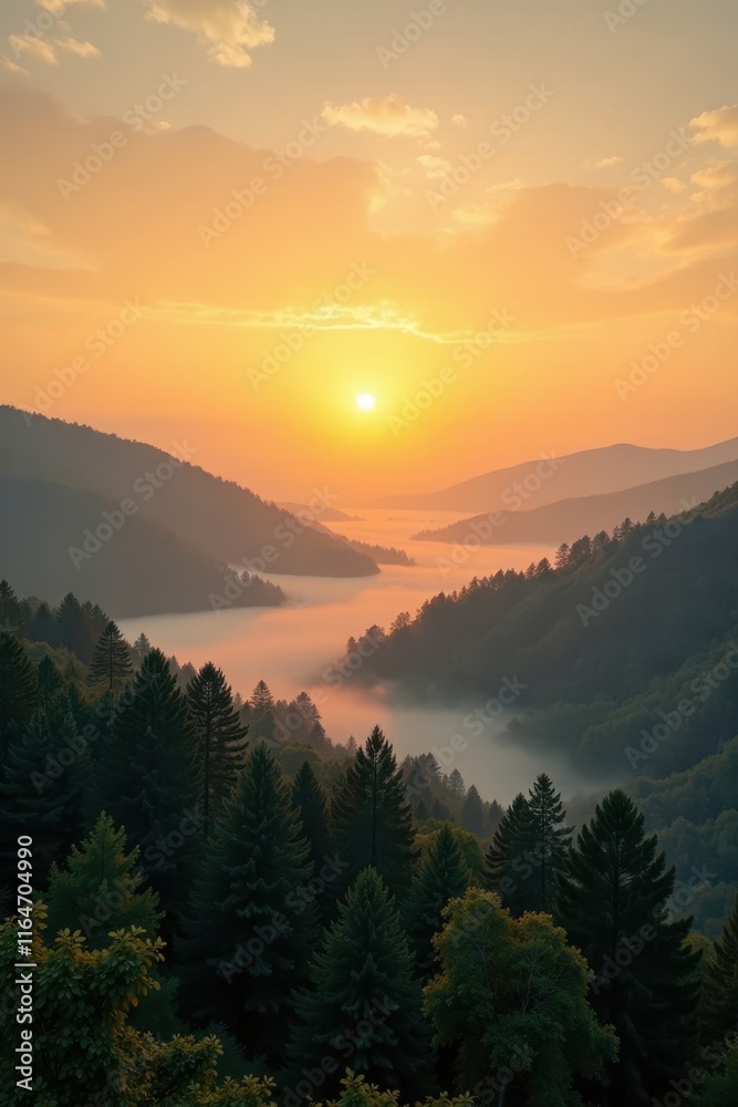 Naklejka premium Gradient gold sunrise over a serene landscape of trees and hills, with a misty fog rolling in , nature, trees, hills