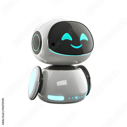 Cute white robot with glowing blue smile and wheels