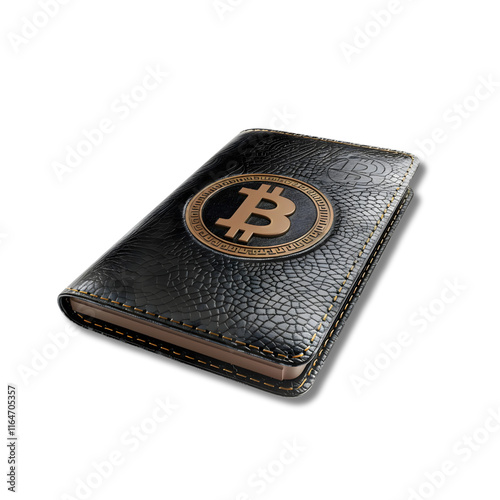 Bitcoin wallet with black leather design and gold emblem
