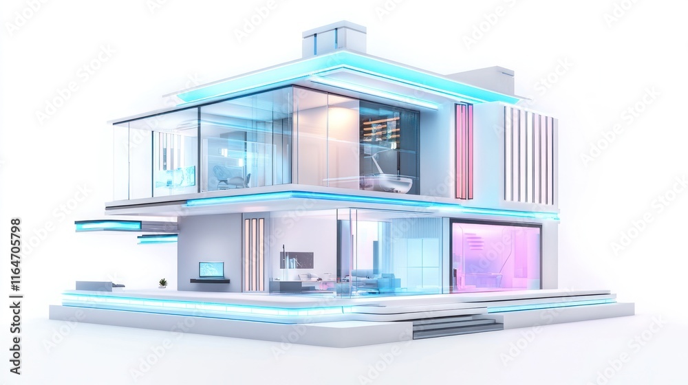 custom made wallpaper toronto digitalFuturistic smart home with glass walls, modern interior, and blue lighting.