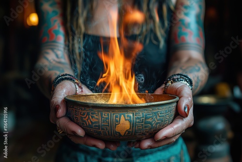 Woman places folded joss paper into a decorative bowl while performing a spiritual ritual during evening hours photo