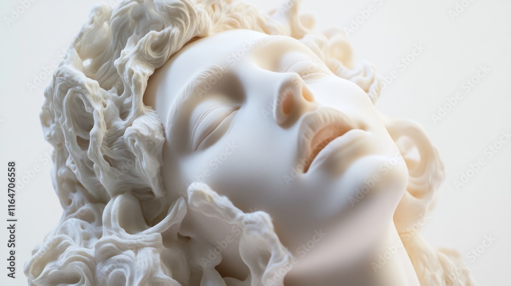 Close-up of a serene, white marble bust sculpture of a woman with flowing hair, eyes closed, head tilted back. Close-up of a serene, white marble bust sculpture of a woman with flowing hair, eyes closed, head tilted back.