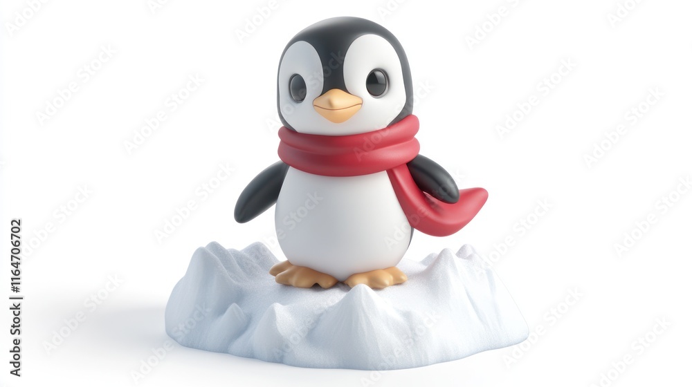 Obraz premium Cute cartoon penguin wearing a red scarf standing on an iceberg.