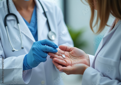 female doctor demonstrates microchip insertion technique hand patient data photo