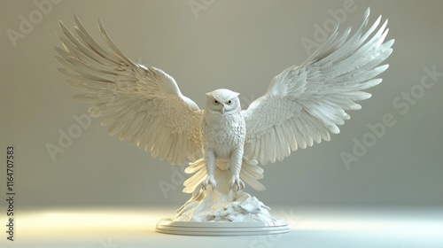 White owl statue with wings spread wide, perched on a base.