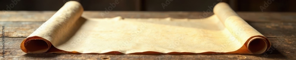Ancient parchment scroll unfolding on wooden desk, parchment, paper scroll, old document Ancient parchment scroll unfolding on wooden desk, parchment, paper scroll, old document