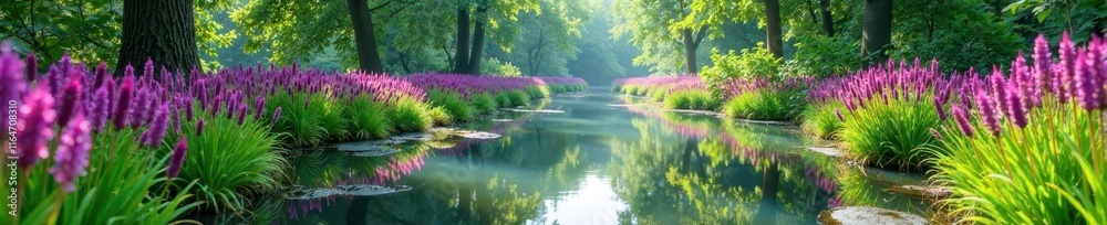 Wetland area overgrown with purple loosestrife, aquatic life scarce , invasive plant, ecological harm Wetland area overgrown with purple loosestrife, aquatic life scarce , invasive plant, ecological harm