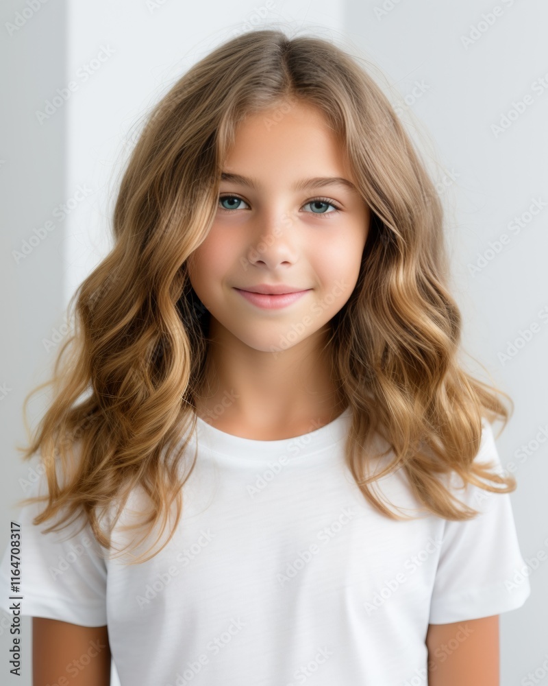 Fototapeta premium Smiling girl in a bright studio a versatile and clean background for creative projects