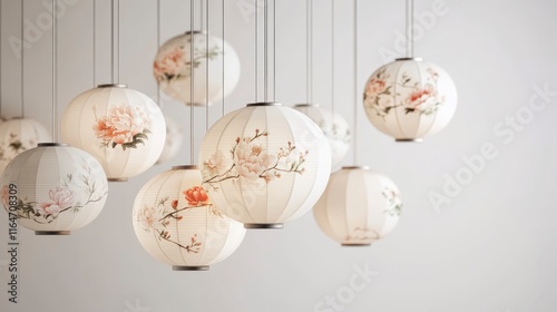 A set of elegant, simple Chinese lanterns featuring delicate floral patterns, all suspended in mid-air. The scene feels minimalistic yet beautiful, 