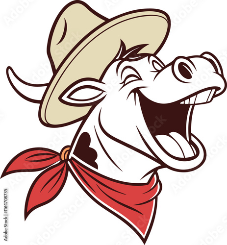 A humorous and lively illustration of a cow laughing heartily, wearing a classic cowboy hat and a red bandana around its neck.  