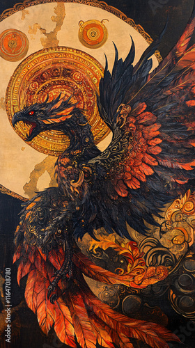 Mythical Phoenix Bird Illustrations with Vibrant Feathers, Fiery Tones, and Intricate Fantasy Art Designs photo