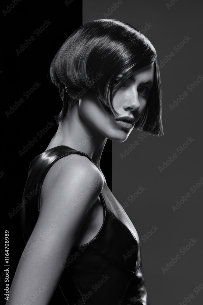 Elegant Monochrome Portrait Bob Haircut, Woman, Black Dress, Stylish, Model, Fashion, Beauty, Glamour Elegant Monochrome Portrait Bob Haircut, Woman, Black Dress, Stylish, Model, Fashion, Beauty, Glamour