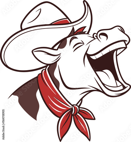 A humorous and lively illustration of a cow laughing heartily, wearing a classic cowboy hat and a red bandana around its neck.  