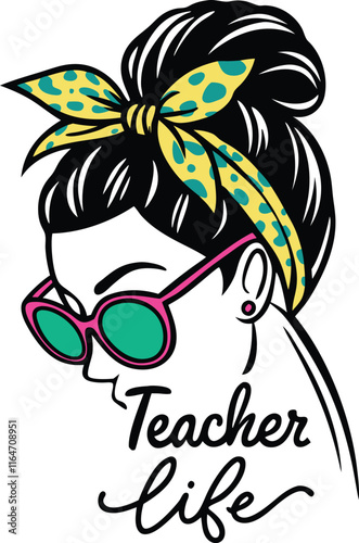 A stylish and modern illustration of a teacher with a high bun hairstyle, adorned with a vibrant pink and blue leopard-print headband tied into a bow 