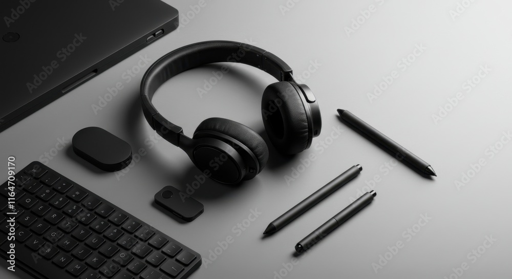 Sleek modern workspace with wireless headphones, keyboard, and pens in minimalist design Sleek modern workspace with wireless headphones, keyboard, and pens in minimalist design