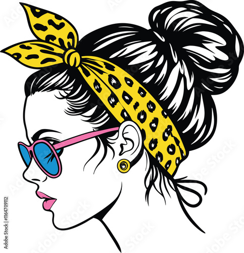 A stylish and modern illustration of a teacher with a high bun hairstyle, adorned with a vibrant pink and blue leopard-print headband tied into a bow 