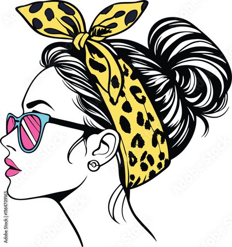 A stylish and modern illustration of a teacher with a high bun hairstyle, adorned with a vibrant pink and blue leopard-print headband tied into a bow 