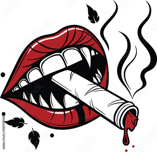 A bold and edgy illustration of a pair of vampire lips. The lips are glossy and dark, with sharp fangs protruding menacingly.