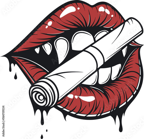 A bold and edgy illustration of a pair of vampire lips. The lips are glossy and dark, with sharp fangs protruding menacingly.