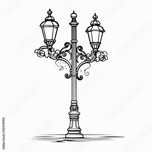 Vintage Lamp Street Decoration Outline Vector Illustration