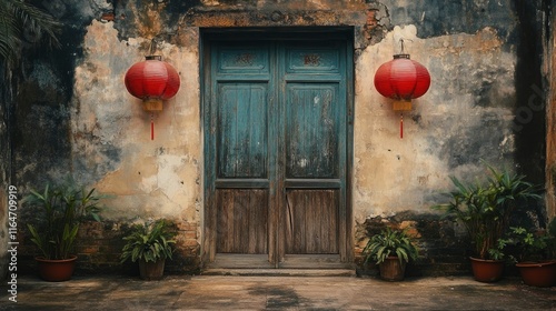 A simple, rustic Chinese wooden door with two red Chinese lanterns hanging on either side, with faded stone walls and potted plants, 