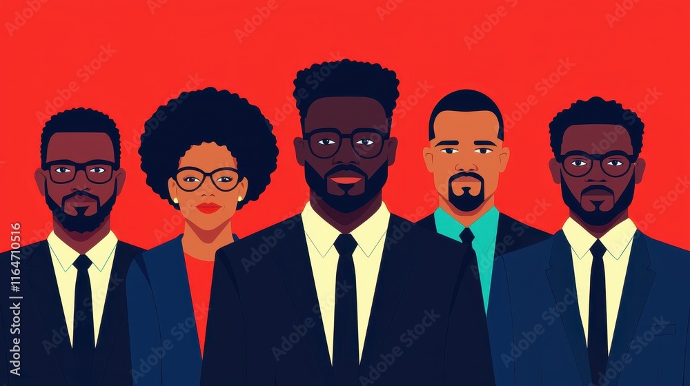 A vibrant illustration of five professionals in suits standing confidently against a bold red background, showcasing diversity and teamwork. A vibrant illustration of five professionals in suits standing confidently against a bold red background, showcasing diversity and teamwork.