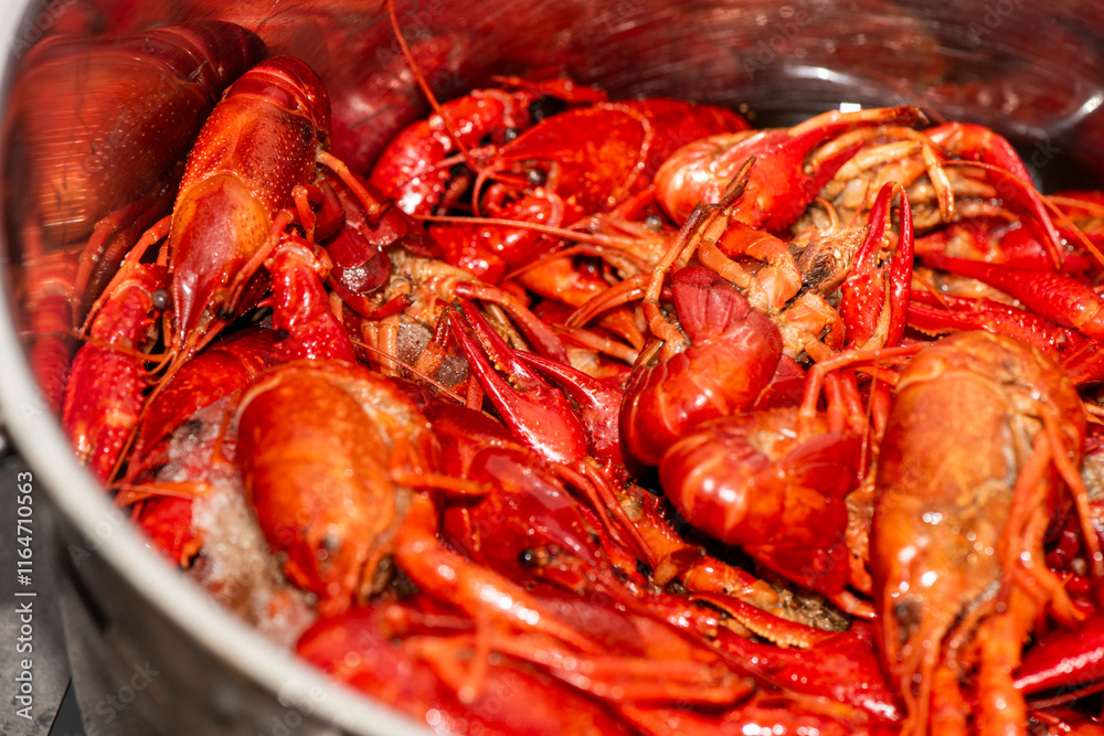 Boiled red crawfishon close up top of view Boiled red crawfishon close up top of view