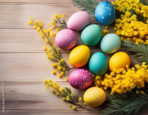 Colorfully dyed Easter eggs in pastel pink, blue, yellow, and mint green are arranged with bright yellow mimosa flowers on a wooden surface.