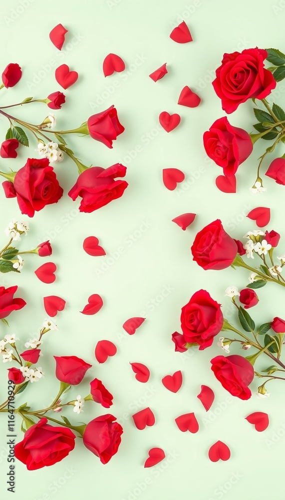 Romantic Flat Lay of Bright Red Roses Interspersed with Small White Blossoms, Set Against a Soft Mint Green Background, Perfect for Women?s Day and Valentine?s Day Romantic Flat Lay of Bright Red Roses Interspersed with Small White Blossoms, Set Against a Soft Mint Green Background, Perfect for Women?s Day and Valentine?s Day