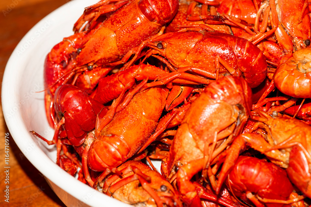 Boiled red crawfishon close up top of view Boiled red crawfishon close up top of view