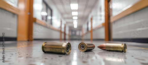 bullets on the floor of a deserted school corridor, active shooter, school shooting concept