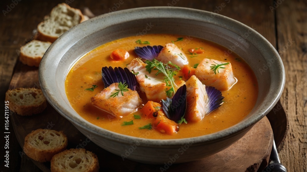 Rich Fish Soup (Soupe de Poisson) with Aioli and Golden Croutons in Rustic Bowl Rich Fish Soup (Soupe de Poisson) with Aioli and Golden Croutons in Rustic Bowl