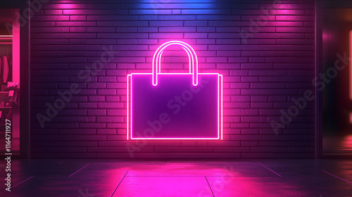 A clean line bright pink neon sign in shape of shopping bag or purse on simple brick wall glowing Black Friday Cyber Monday sale concept