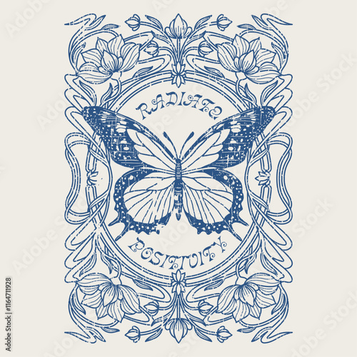 HAND DRAWN ART NOUVEAU ORNATE DECORATIVE BORDER FRAME BUTTERFLY INSECT ANIMAL POSITIVE VINTAGE TSHIRT TEE PRINT FOR APPAREL MERCHANDISE