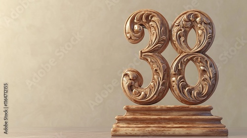 Ornate wooden number 38 on a pedestal. photo