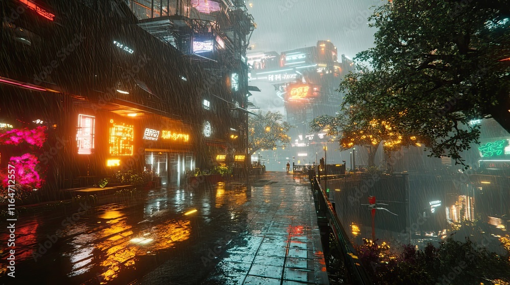 Naklejka premium Futuristic City Street Raining Neon Lights Night