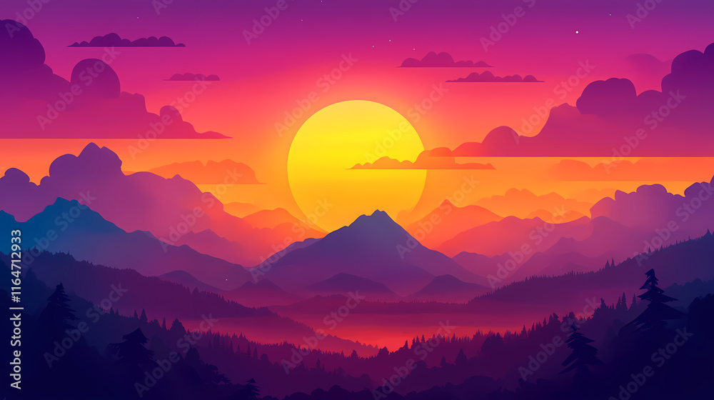 Fototapeta premium Dramatic glowing sunset sky with vibrant moody cloudy landscape. Sunrise. Illustration
