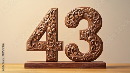 Ornate wooden number 43 on a stand. photo