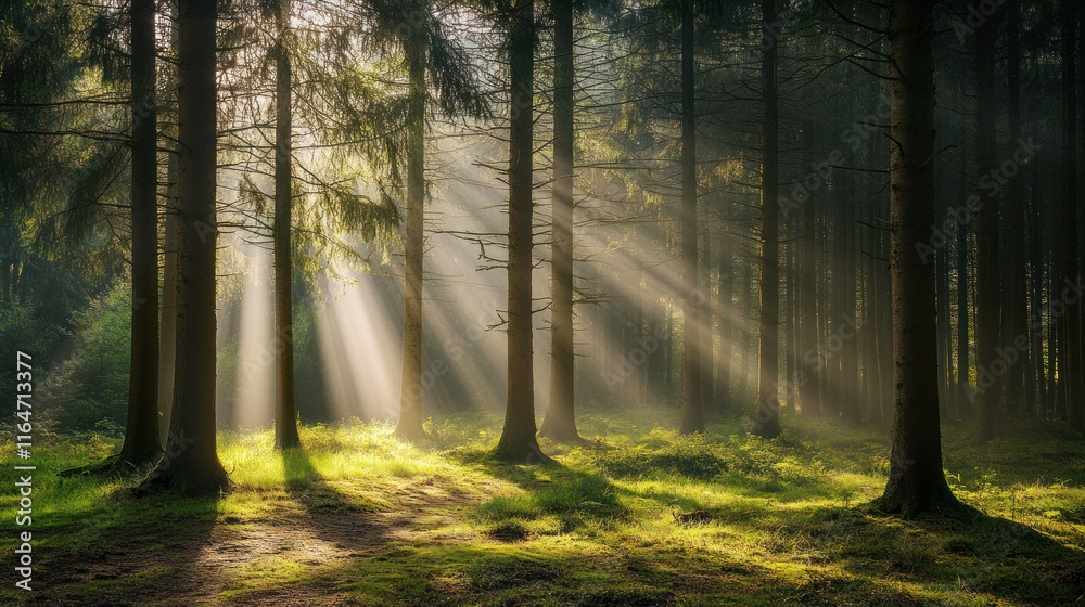 Obraz premium Sunbeams Illuminating a Mystical Forest