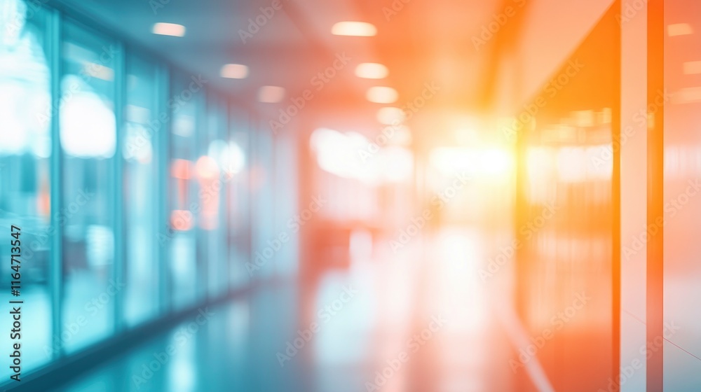 abstract blur modern interior inside entrance building of office in pale blue background with soft orange light effect concept. abstract blur modern interior inside entrance building of office in pale blue background with soft orange light effect concept.