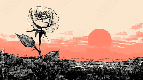 A black and white rose drawing, pen and ink sketch of a single rose,isolated on a transparent background. Sunrise. Illustration photo