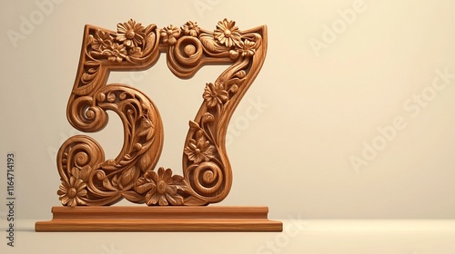 Ornate wooden number 57 sculpture on a stand. photo